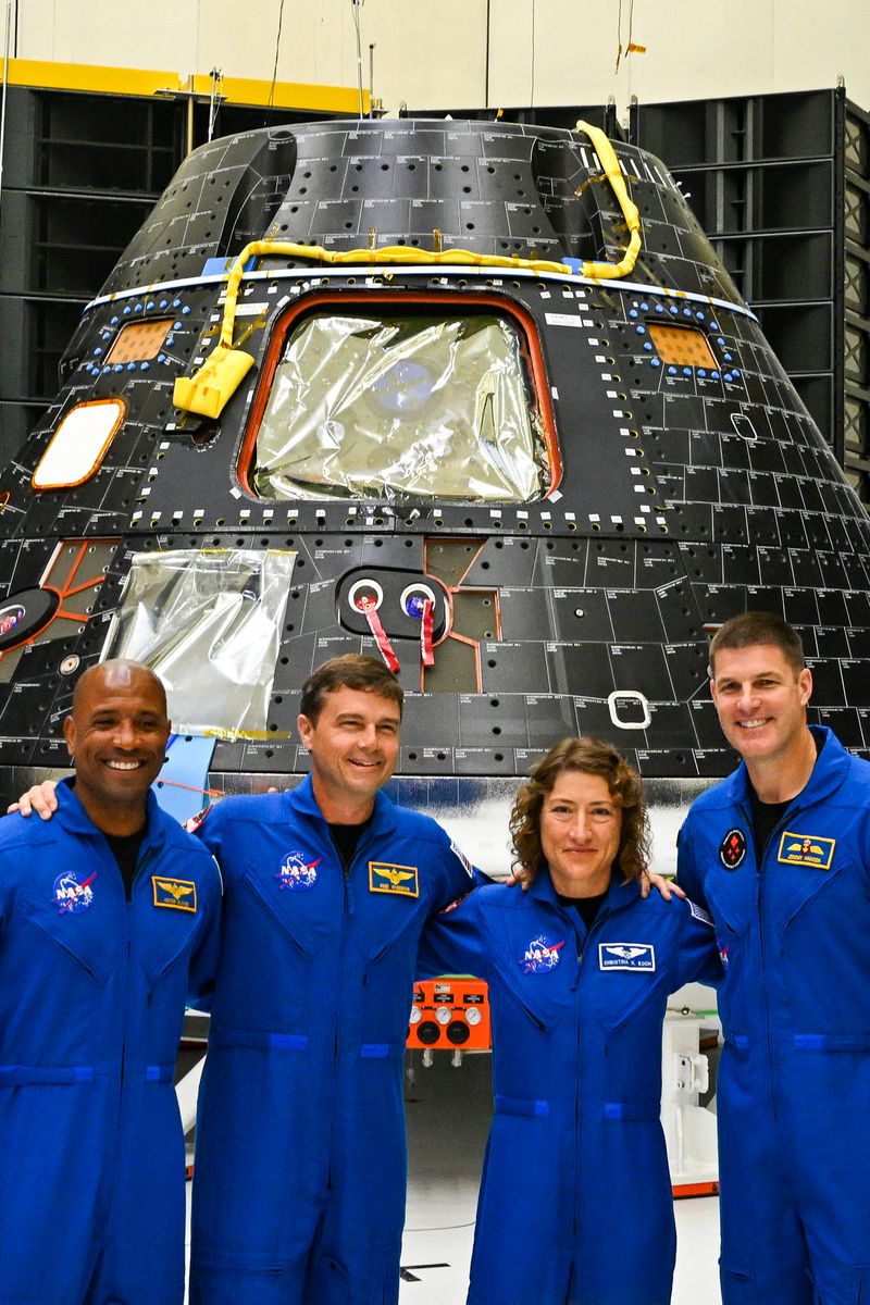 The crew of Artemis II (L-R) US astronauts Victor Glover, pilot; Reid Wiseman, commander; Christina Hammock Koch, mission specialist; and Canadian astronaut Jeremy Hansen, mission specialist.