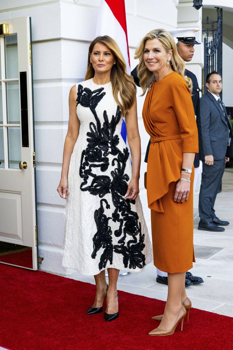 Melania Trump’s sculptural floral dress contrasts Queen Máxima’s bold orange look at the White House