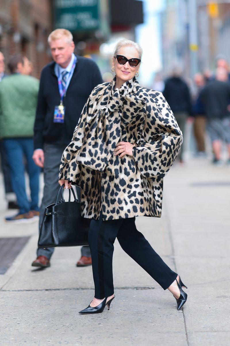 Meryl Streep seen at 'The Late Show With Stephen Colbert' in Midtown on April 01, 2026 in New York City.