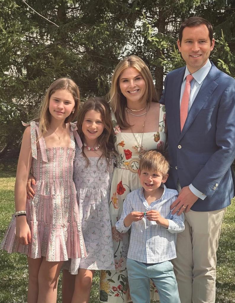 Photo shared by Jenna Bush Hager April 20, 205 featuring her husband Henry Hager and their kids Mila, Poppy and Hal during their Easter Sunday festivities