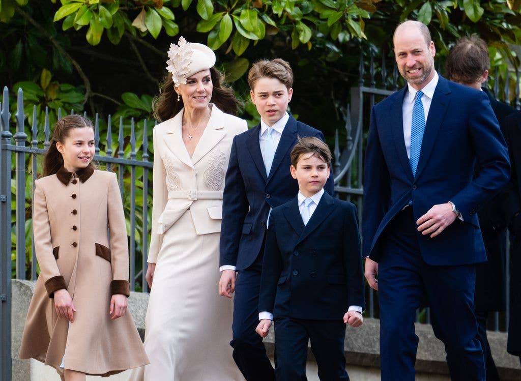 Princess Charlotte of Wales, Catherine, Princess of Wales, Prince George of Wales, Prince Louis of Wales, Prince William, Prince of Wales attend the 2026 Easter Matins Service at St George's Chapel on April 05, 2026 in Windsor, England