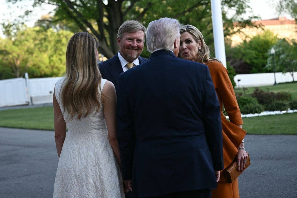 King of the Netherlands Willem-Alexander (C-L) and Queen Maxima (R) are welcomed by US President Donald Trump and First Lady Melania Trump into the White House in Washington, DC, on April 13, 2026. (Photo by Brendan SMIALOWSKI / AFP via Getty Images)