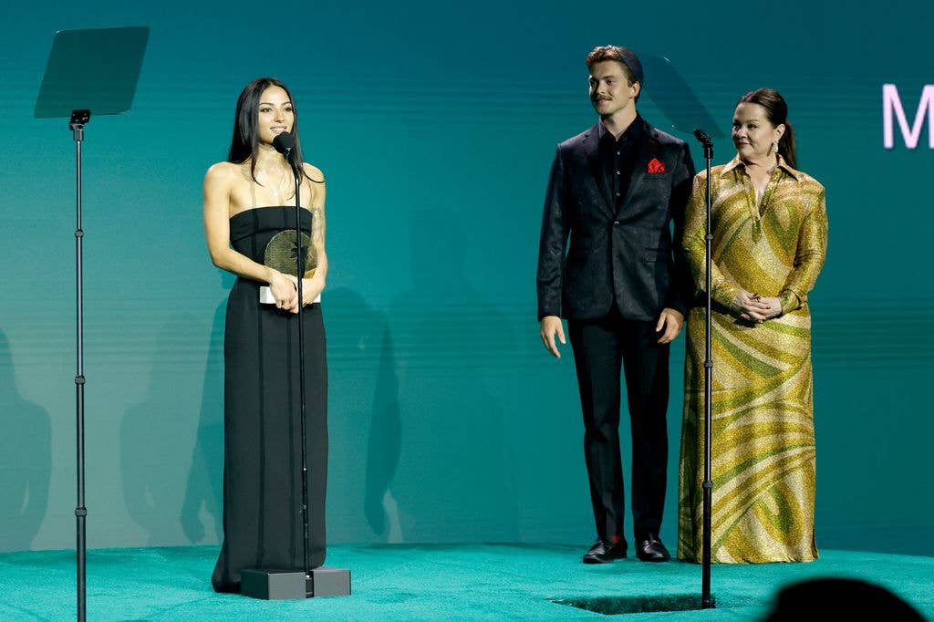 Marcelle Barbosa and Melissa McCarthy speak onstage during the Fashion Trust U.S 2026 Awards at Nya Studios on April 08, 2026 in Los Angeles, California.