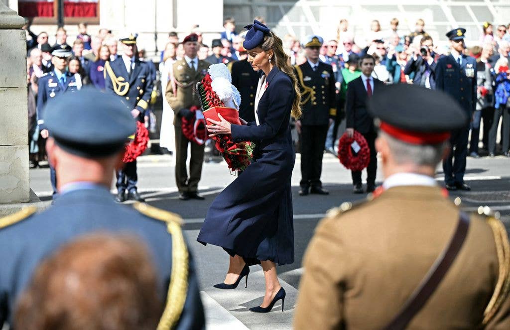 Princess Kate lays a wreath during a service to commemorate ANZAC day at the Cenotaph war memorial in central London