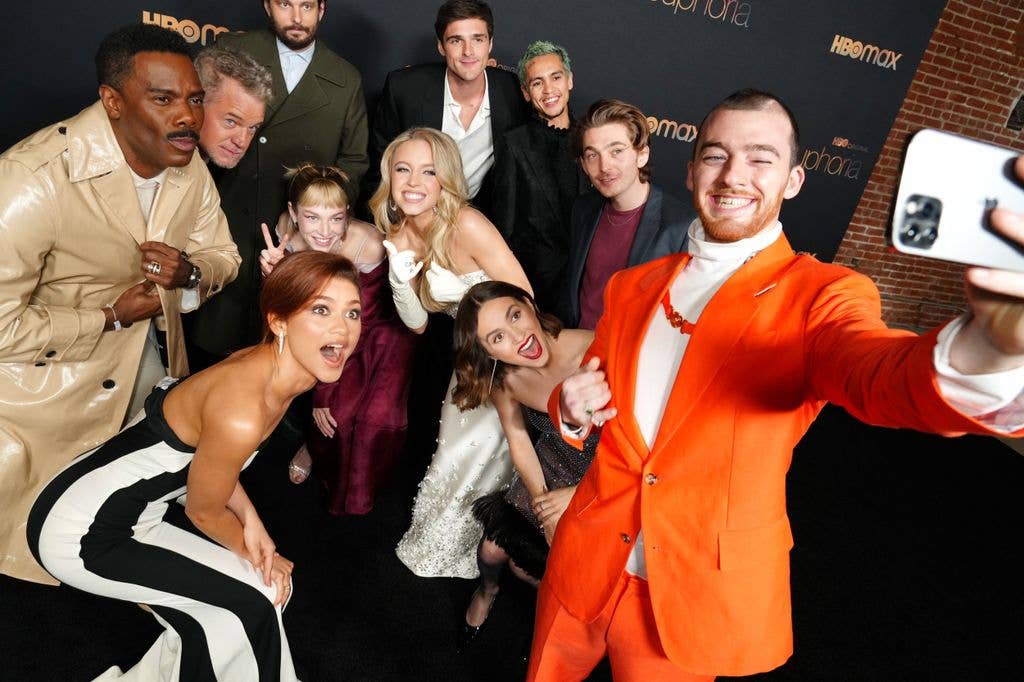 Colman Domingo, Eric Dane, Zendaya, Sam Levinson, Hunter Schafer, Sydney Sweeney, Jacob Elordi, Dominic Fike, Maude Apatow, Austin Abrams, and Angus Cloud attend HBO's "Euphoria" Season 2 Photo Call at Goya Studios on January 05, 2022 in Los Angeles, Cali