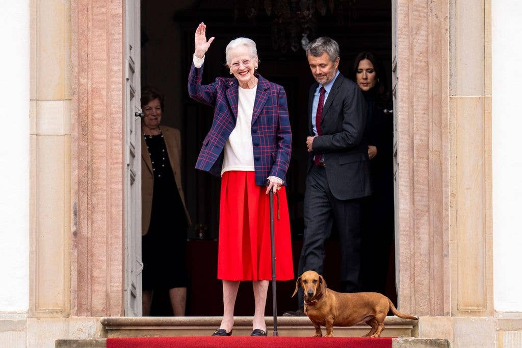 Denmark's Queen Margrethe, second from left, Queen Anne-Marie, left, King Frederik, second from right, and Queen Mary, right, attend a concert by the Royal Life Guards Music Corps, on the occasion of Queen Margrethe's 86th birthday, in the Inner Courtyard at Fredensborg Palace, Denmark, Thursday, April 16, 2026