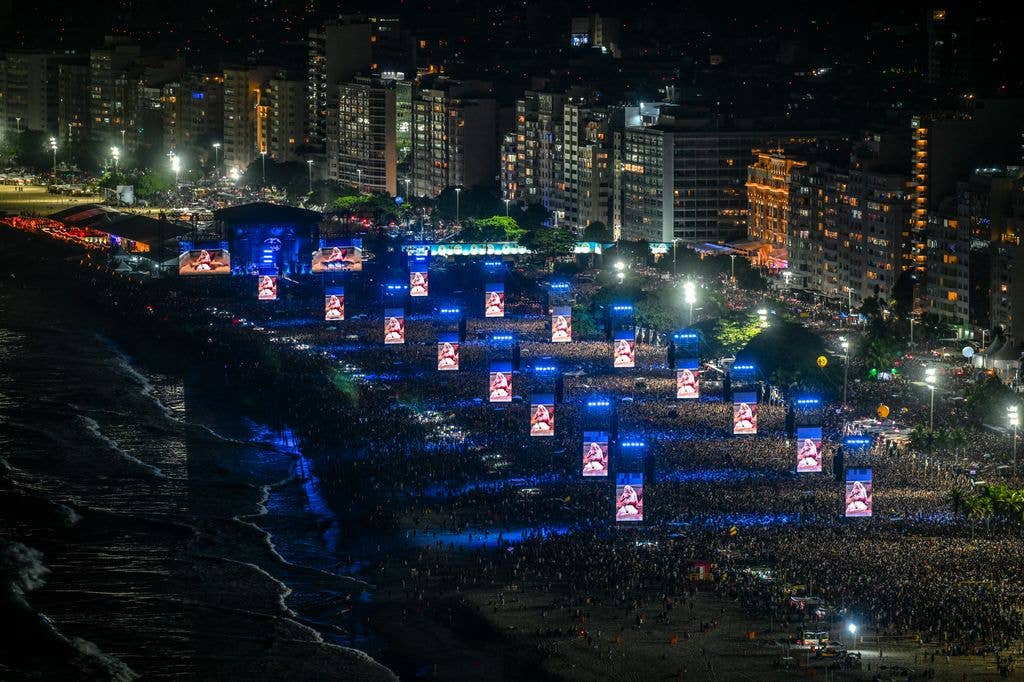 Lady Gaga is projected on big screens as she performs during her concert at Copacabana beach in Rio de Janeiro, Brazil on May 3, 2025