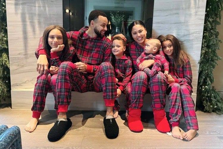 photo of steph curry and family in matching pjs