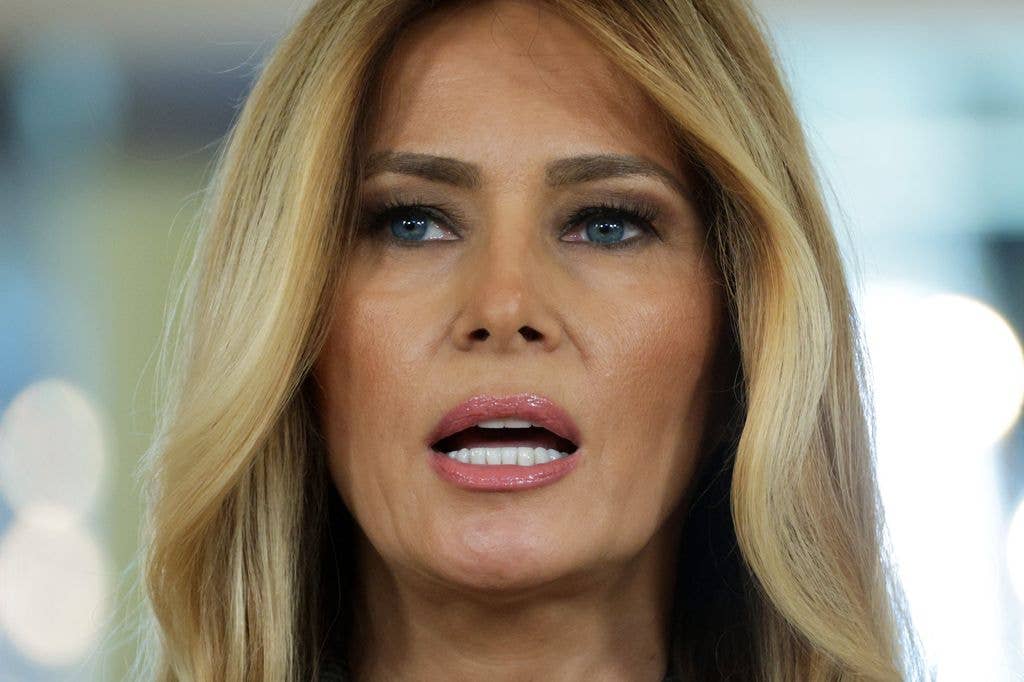 U.S. first lady Melania Trump delivers a statement in the Grand Foyer of the White House on April 9, 2026 in Washington, DC. The first lady made a public statement to deny any ties to Jeffrey Epstein. (Photo by Alex Wong/Getty Images)
