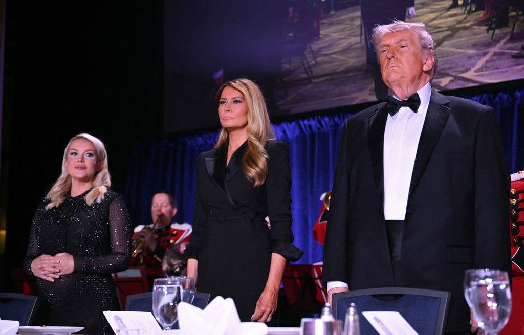 (L/R) White House Press Secretary Karoline Leavitt, US First Lady Melania Trump and US President Donald Trump attend the White House Correspondents' dinner 