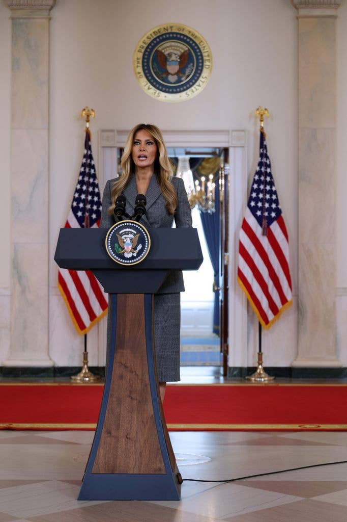 U.S. first lady Melania Trump delivers a statement in the Grand Foyer of the White House on April 9, 2026 in Washington, DC. The first lady made a public statement to deny any ties to Jeffrey Epstein. (Photo by Alex Wong/Getty Images)