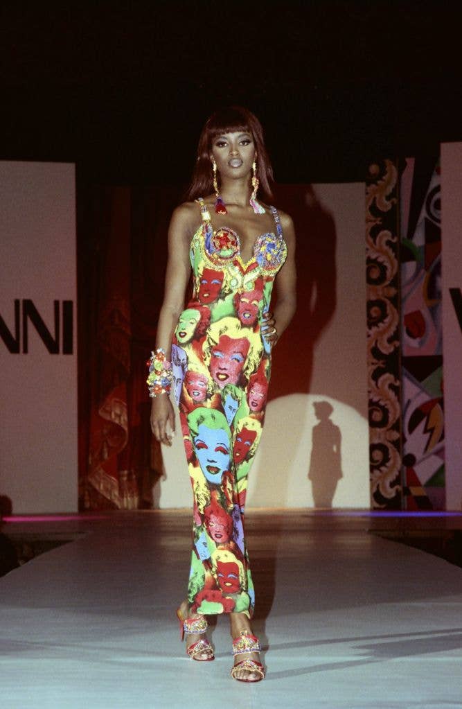 Naomi Campbell wearing Andy Warhol's Marilyn Monroe pop art print in dress form 