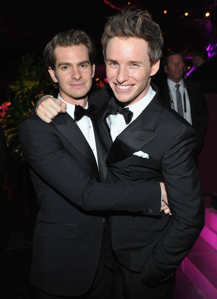 Actors Andrew Garfield and Eddie Redmayne attend The 2017 InStyle and Warner Bros 73rd Annual Golden Globe Awards Post-Party at The Beverly Hilton Hotel, wearing matching tuxes.