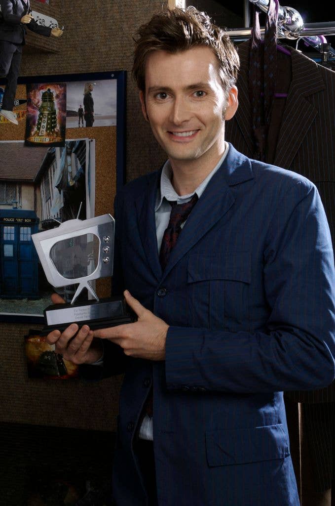 Doctor Who actor David Tennant photographed holding a TV Times award in the costume department, on November 23, 2006.