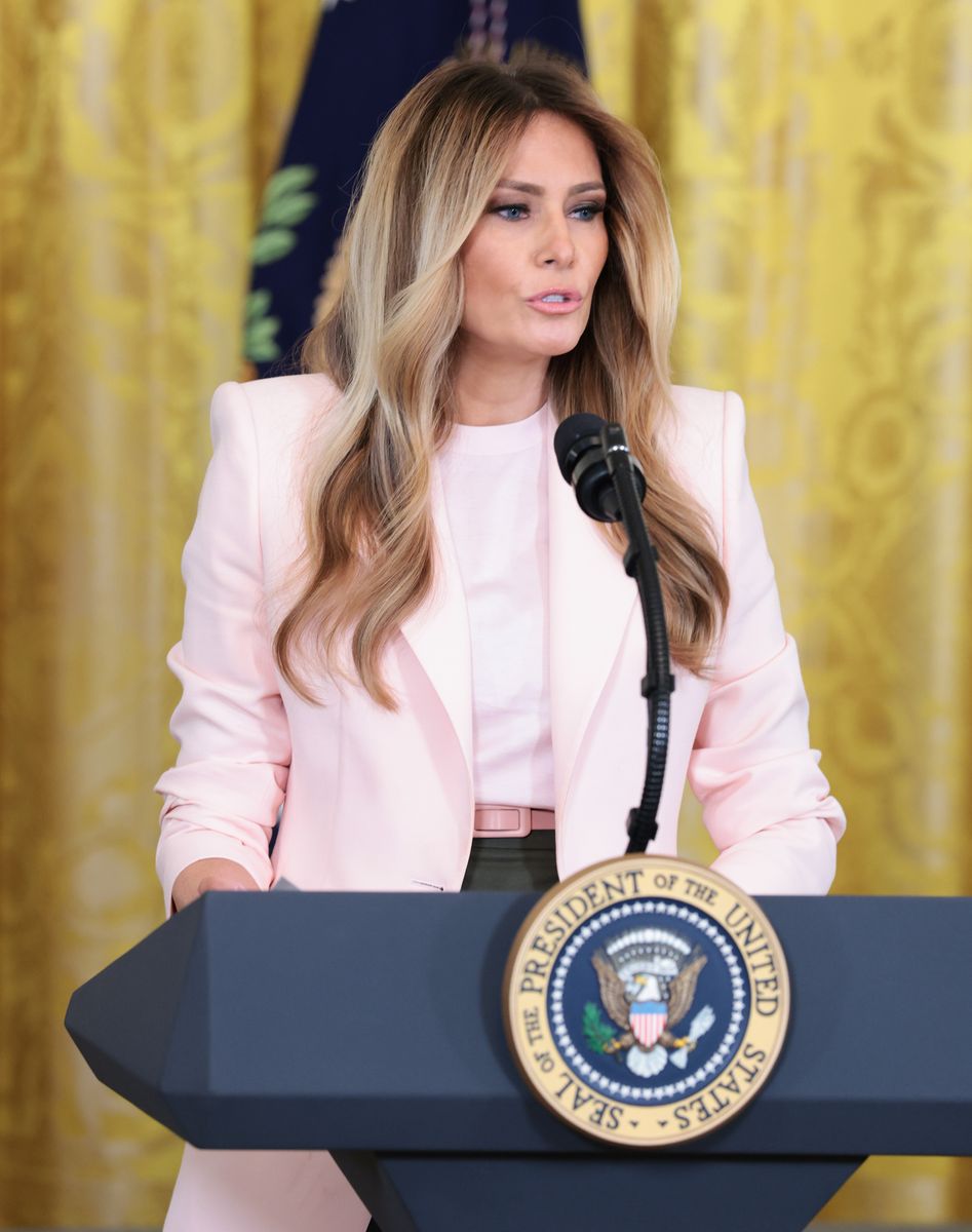 Melania Trump wears belted pink blazer look as she delivers emotional remarks at military mothers event