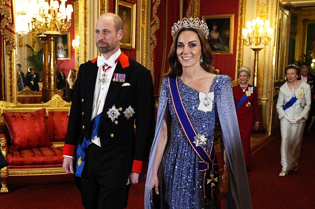 Britain's Prince William, Prince of Wales and Britain's Catherine, Princess of Wales arrive to attend a State Banquet at Windsor Castle in Windsor, on December 3, 2025, the first day of a three day state visit by the German President