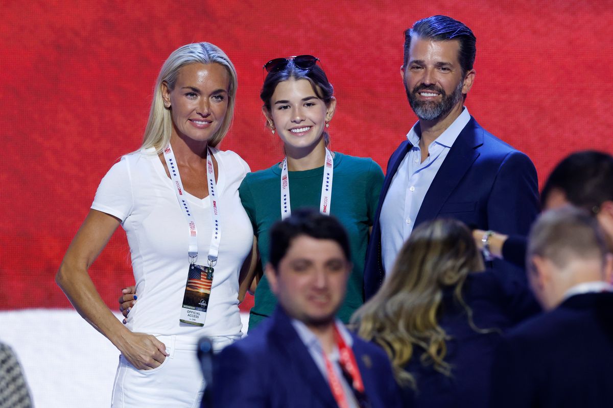 Vanessa Trump, Kai Trump and Donald Trump Jr., stand on stage before the start of the third day of the Republican National Convention at the Fiserv Forum on July 17, 2024 in Milwaukee, Wisconsin.