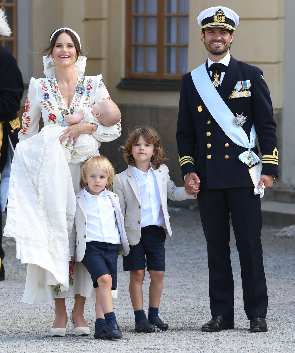 Prince Carl Philip, Princess Sofia, Prince Alexander, Prince Gabriel and Prince Julian attend Prince Julian's baptism outside Drottningholm Castle Chapel on August 14, 2021 in Stockholm
