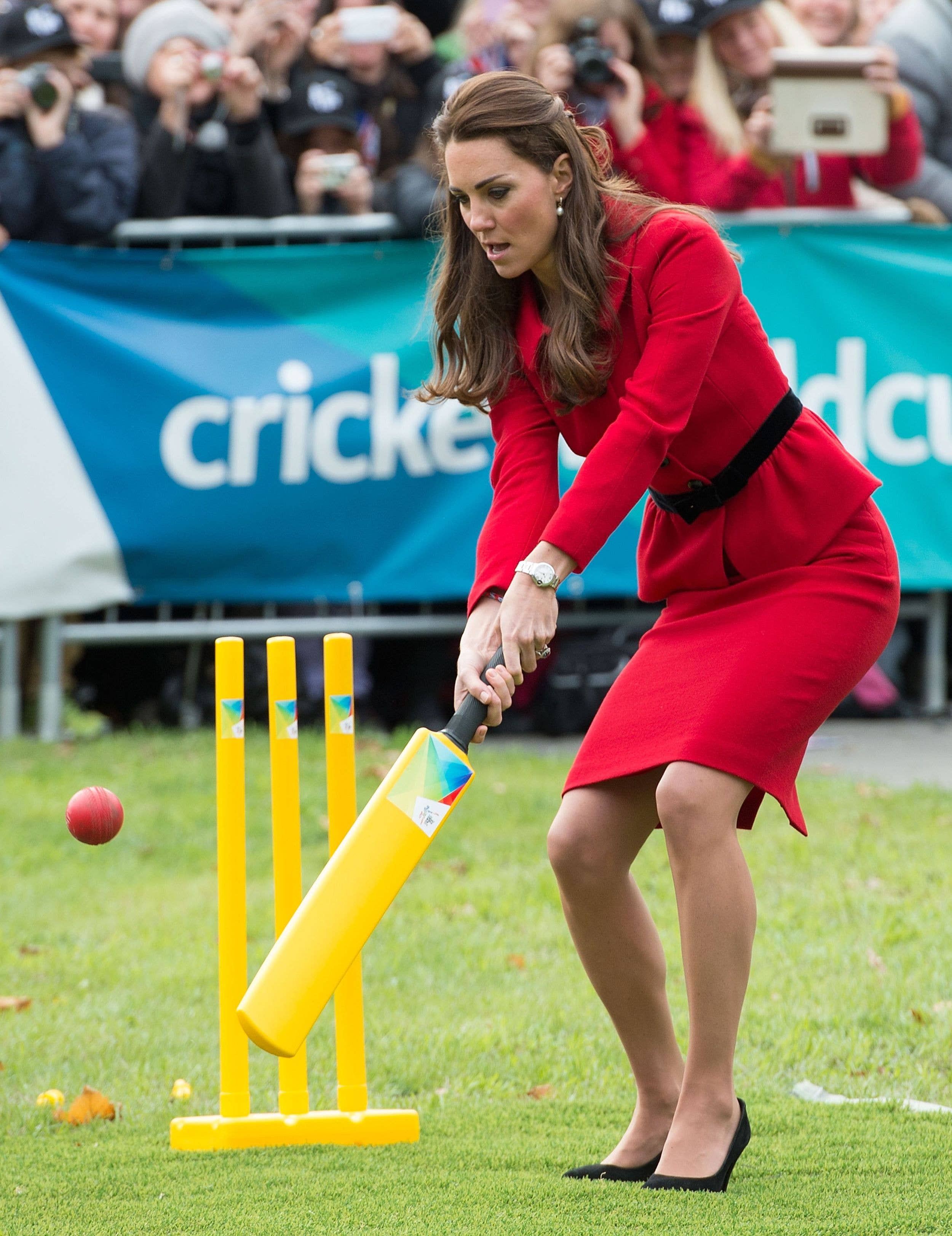 The Princess of Wales hits a cricket ball away from a wicket in New Zealand