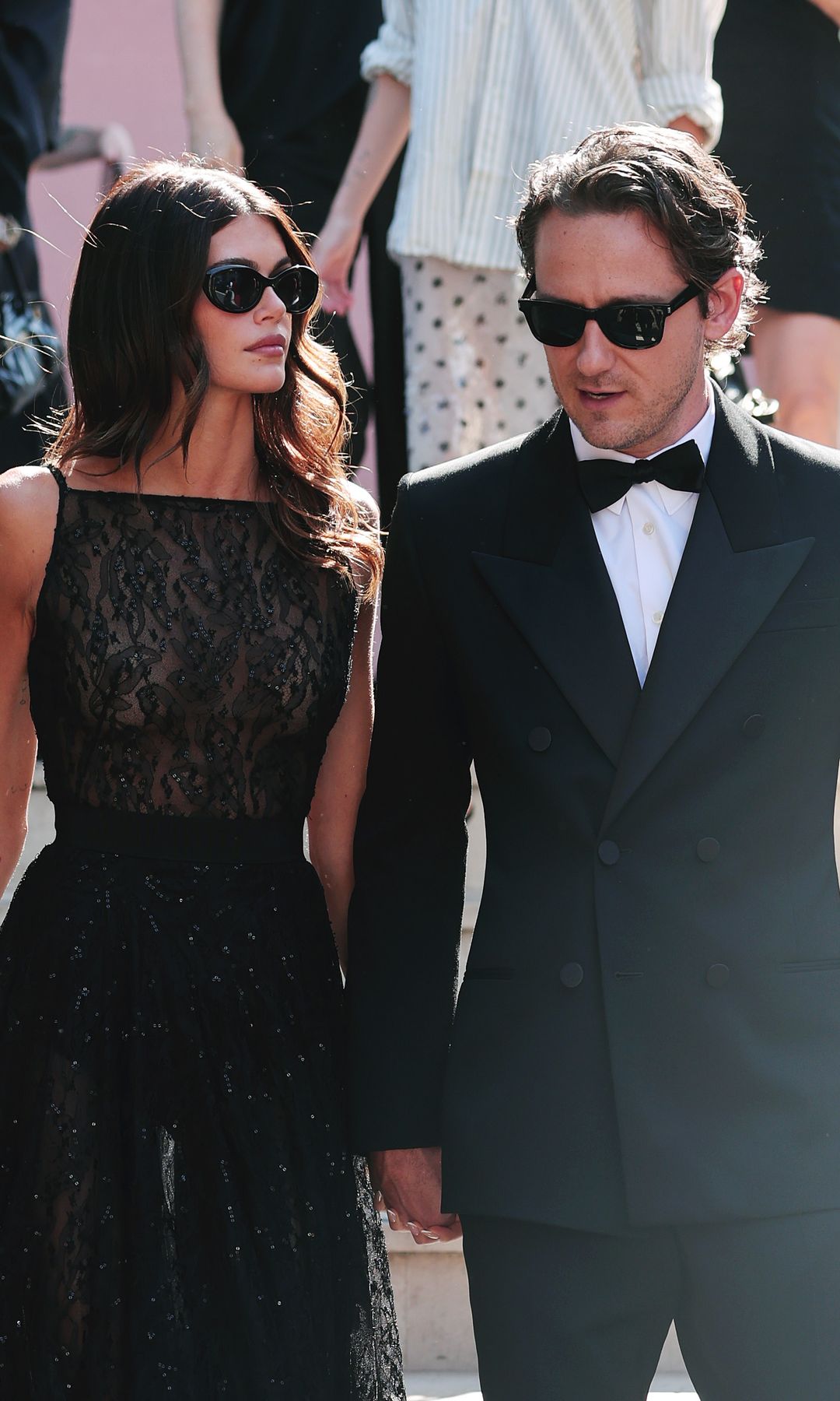 VENICE, ITALY - SEPTEMBER 01: Kaia Gerber and Lewis Pullman depart from Hotel Excelsior during the 82nd Venice International Film Festival on September 01, 2025 in Venice, Italy. (Photo by Jacopo Raule/FilmMagic) 