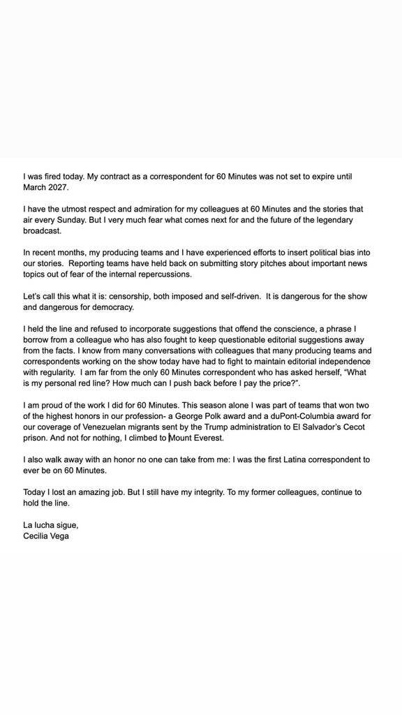 Cecilia Vega shares a statement commenting on her firing from CBS' 60 Minutes on social media