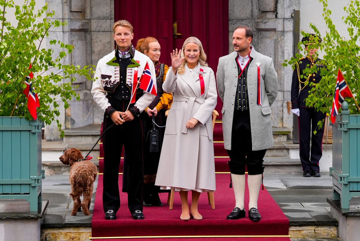 Norwegian Crown Princess Mette-Marit, Norwegian Crown Prince Haakon and Norwegian Prince Sverre Magnus greet the children's procession during the national day celebration at Skaugum in Asker, near Oslo, Norway.