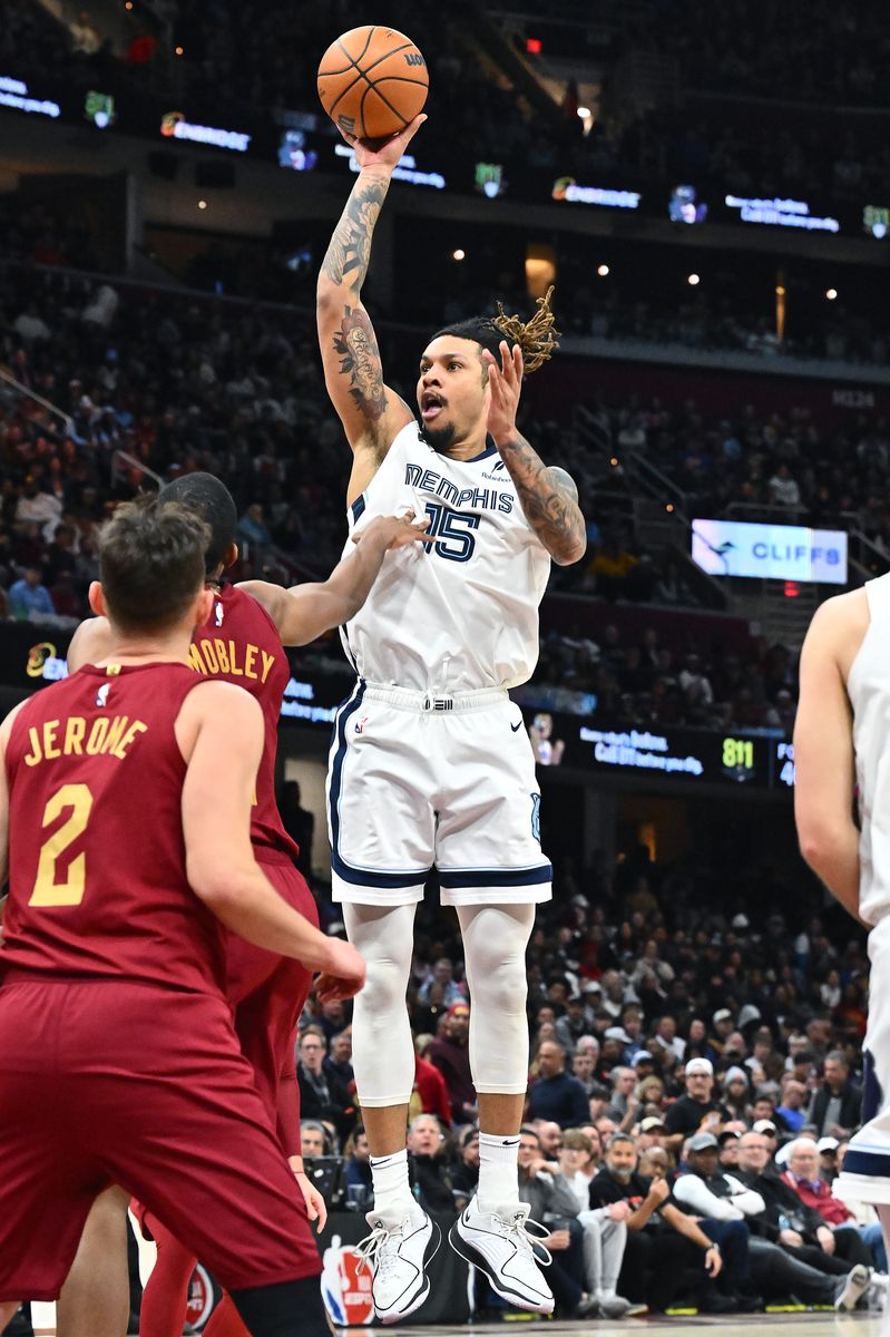 Brandon Clarke #15 of the Memphis Grizzlies shoots over Evan Mobley #4 of the Cleveland Cavaliers during the third quarter at Rocket Arena.