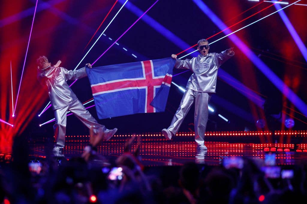 VÃB representing Iceland walk on stage during the Grand Final of the 69th Eurovision Song Contest Opening Ceremony at St. Jakobshalle on May 17, 2025 in Basel, Switzerland