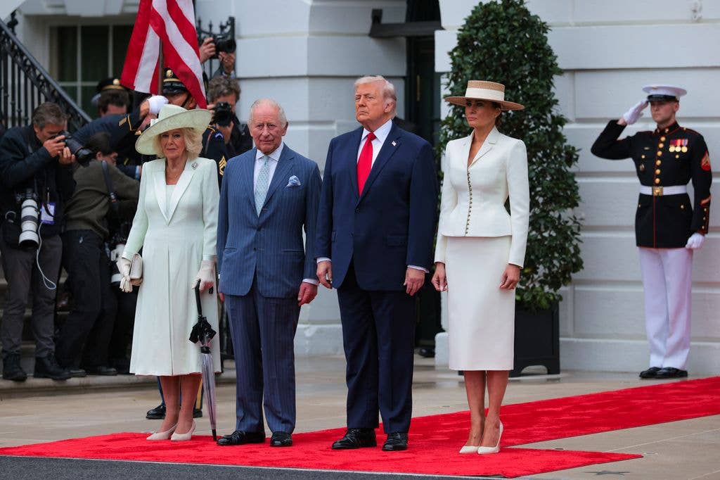Queen Camilla, King Charles, U.S. President Donald Trump, and First Lady Melania Trump during the state arrival ceremony 