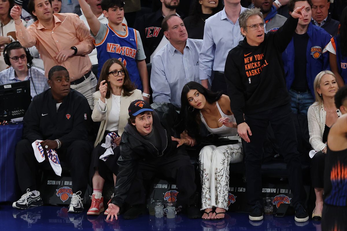 Tracy Morgan, Tina Fey, Timothee Chalamet, Kylie Jenner, and Ben Stiller attend Game Five of the Eastern Conference First Round NBA Playoffs between the Atlanta Hawks and the New York Knicks 