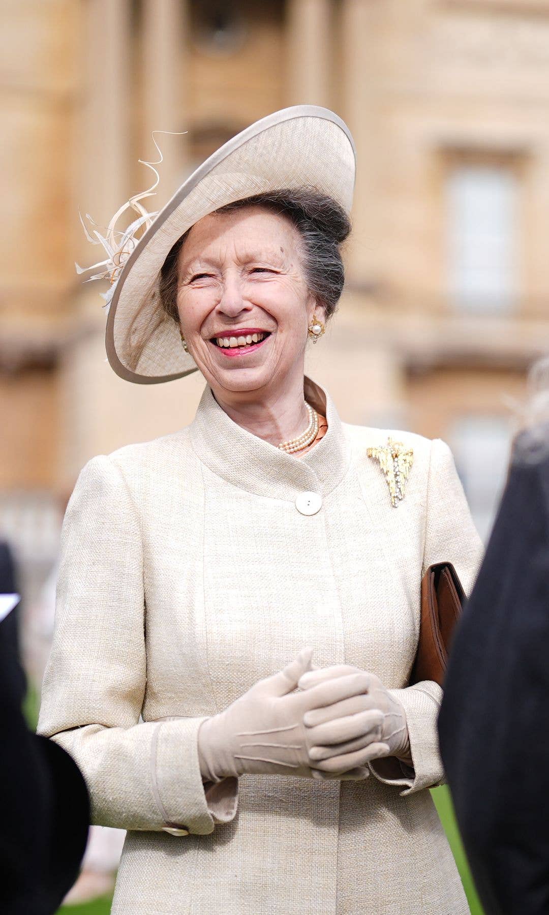 Princess Anne laughing with guests at a garden party