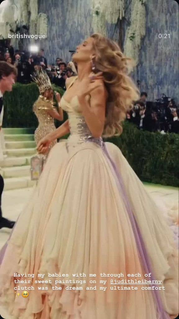 Blake Lively mentions the involvement of her children with the Judith Leiber clutch she took to the 2026 Met Gala, shared on her Instagram Stories