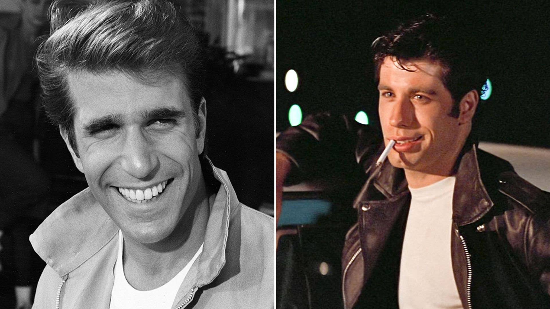 Split image of Henry Winkler and John Travolta in Grease