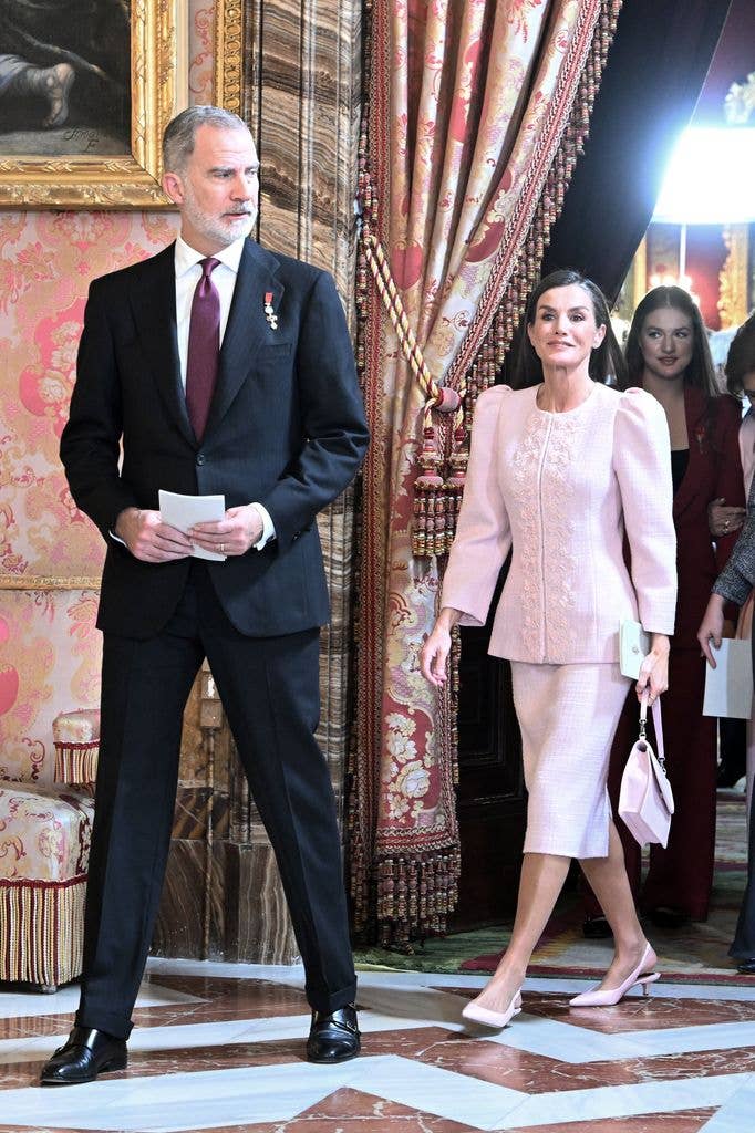 King Felipe, Queen Letizia and Princess Leonor during the reception held after the imposition of the Golden Fleece at the Royal Palace, on November 21, 2025, in Madrid, Spain. 