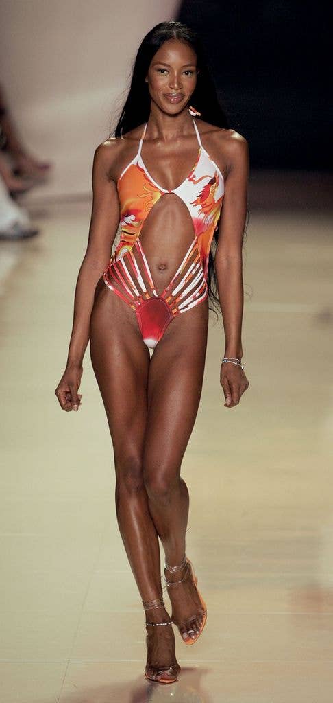 Naomi Campbell in colorful swimsuit