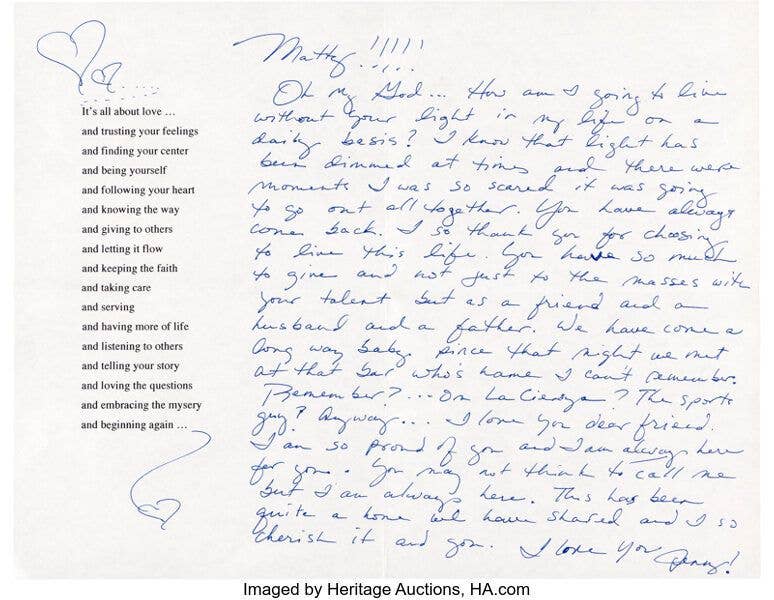 photo of jennifer aniston handwritten letter to matthew perry