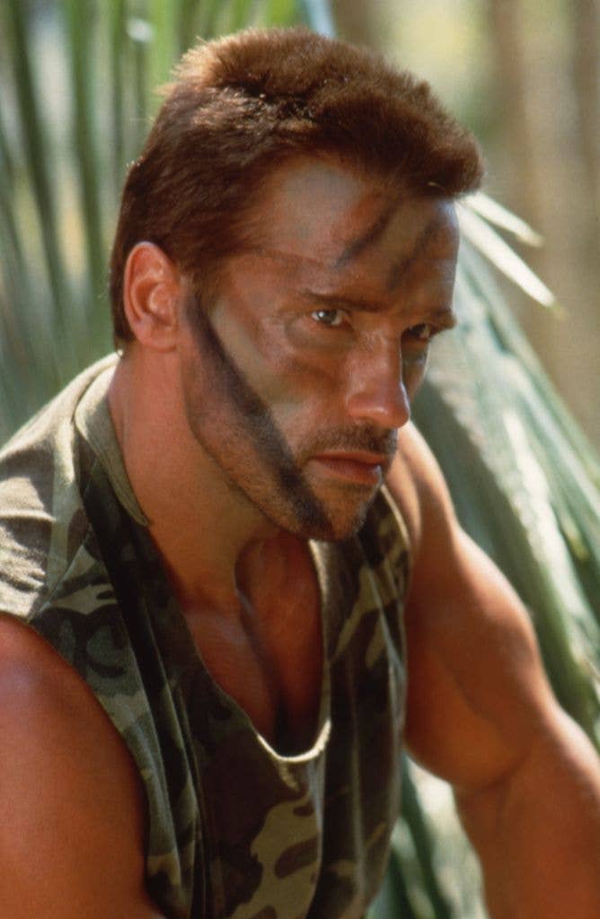 Arnold Schwarzenegger in costume on the set of 'Predator'. 