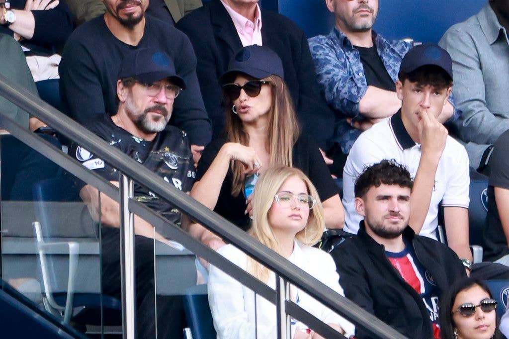 Penelope Cruz and her husband Javier Bardem attend the Ligue 1 McDonald's football match between Paris Saint-Germain (PSG) and FC Lorient at Parc des Princes stadium on May 2, 2026 in Paris, France. 