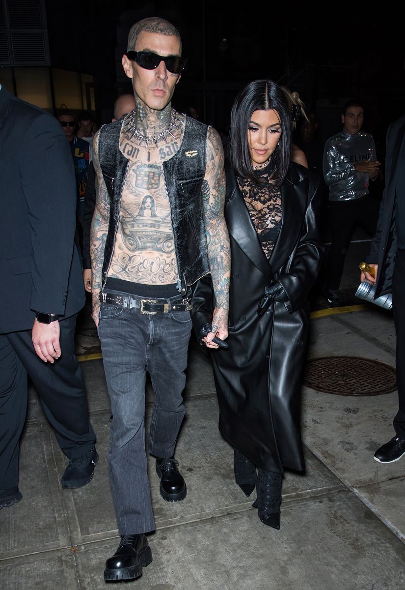NEW YORK, NEW YORK - SEPTEMBER 13: Travis Barker and Kourtney Kardashian are seen leaving the Boohoo X Kourtney Kardashian fashion show during New York Fashion Week on the High Line on September 13, 2 022 in New York City. (Photo by Gilbert Carrasquillo/GC Images)