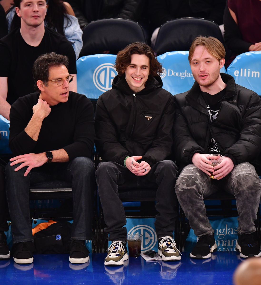 Ben Stiller and Timothee Chalamet at the Toronto Raptors v New York Knicks game at Madison Square Garden on January 24, 2020 in New York City