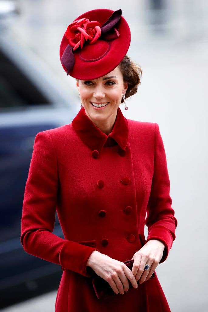Catherine, Duchess of Cambridge in red coat dress and hat