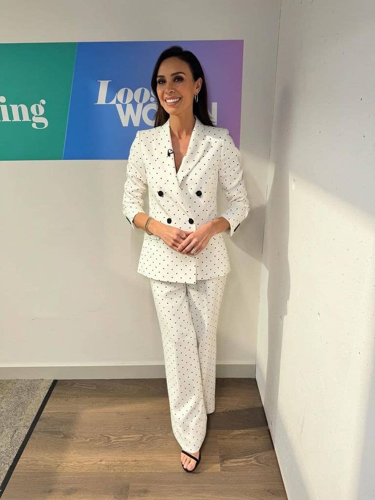 Polka dots are having a moment - but Bronagh styled Christine Lampard in a demure Reiss suit to tap into the trend instead