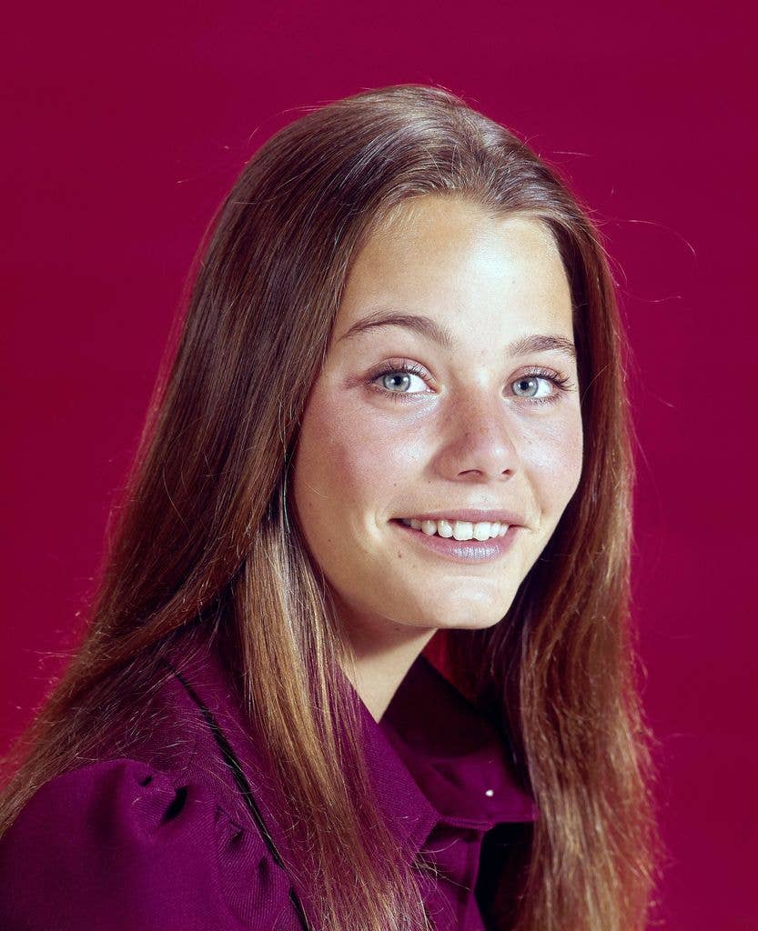 Susan Dey portrait in purple shirt 1973