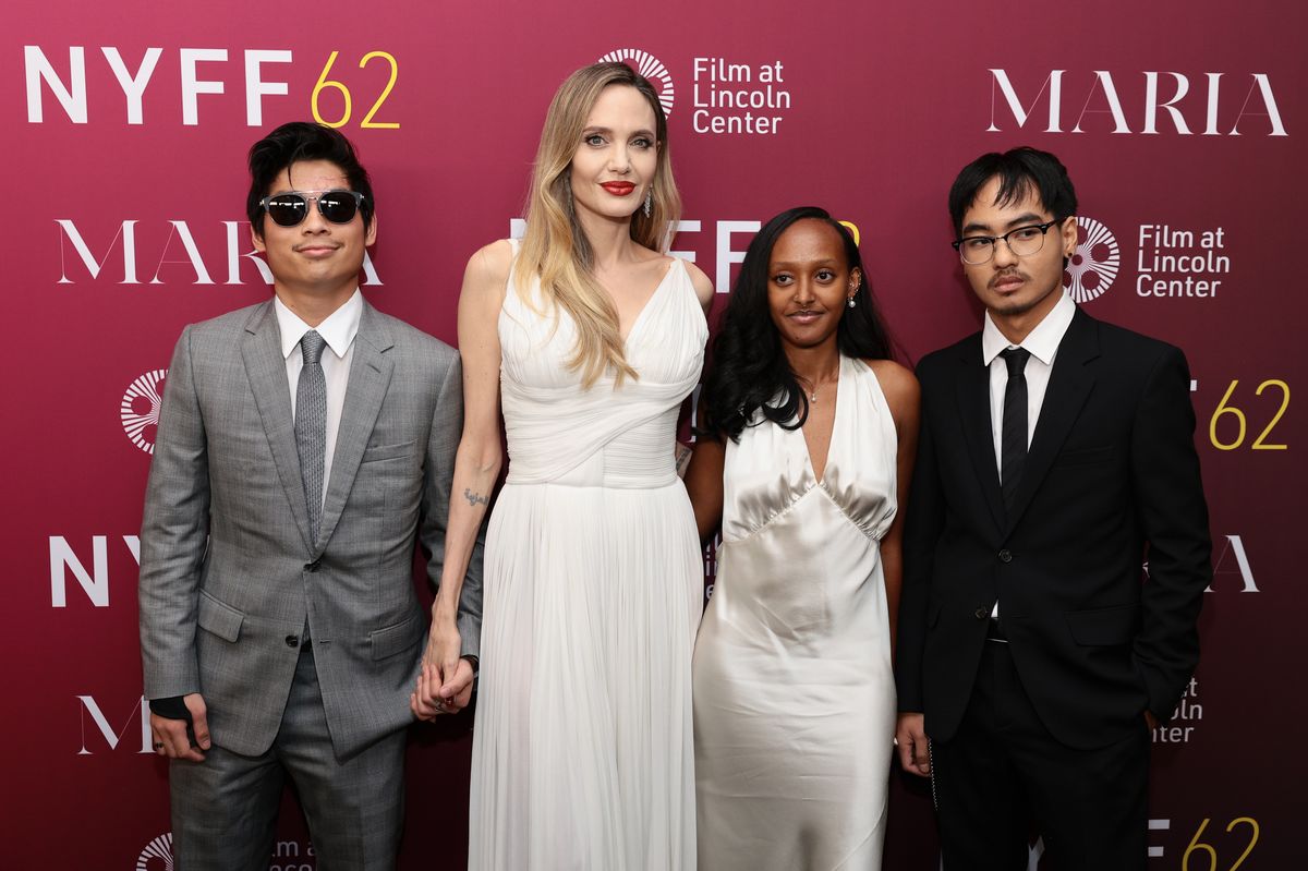 NEW YORK, NEW YORK - SEPTEMBER 29: (L-R) Pax Thien Jolie-Pitt, Angelina Jolie, Zahara Marley Jolie and Maddox Chivan Jolie-Pitt attend the "Maria" screening during the 62nd New York Film Festival at Alice Tully Hall, Lincoln Center on September 29, 2024 in New York City. (Photo by Dimitrios Kambouris/Getty Images for FLC) 