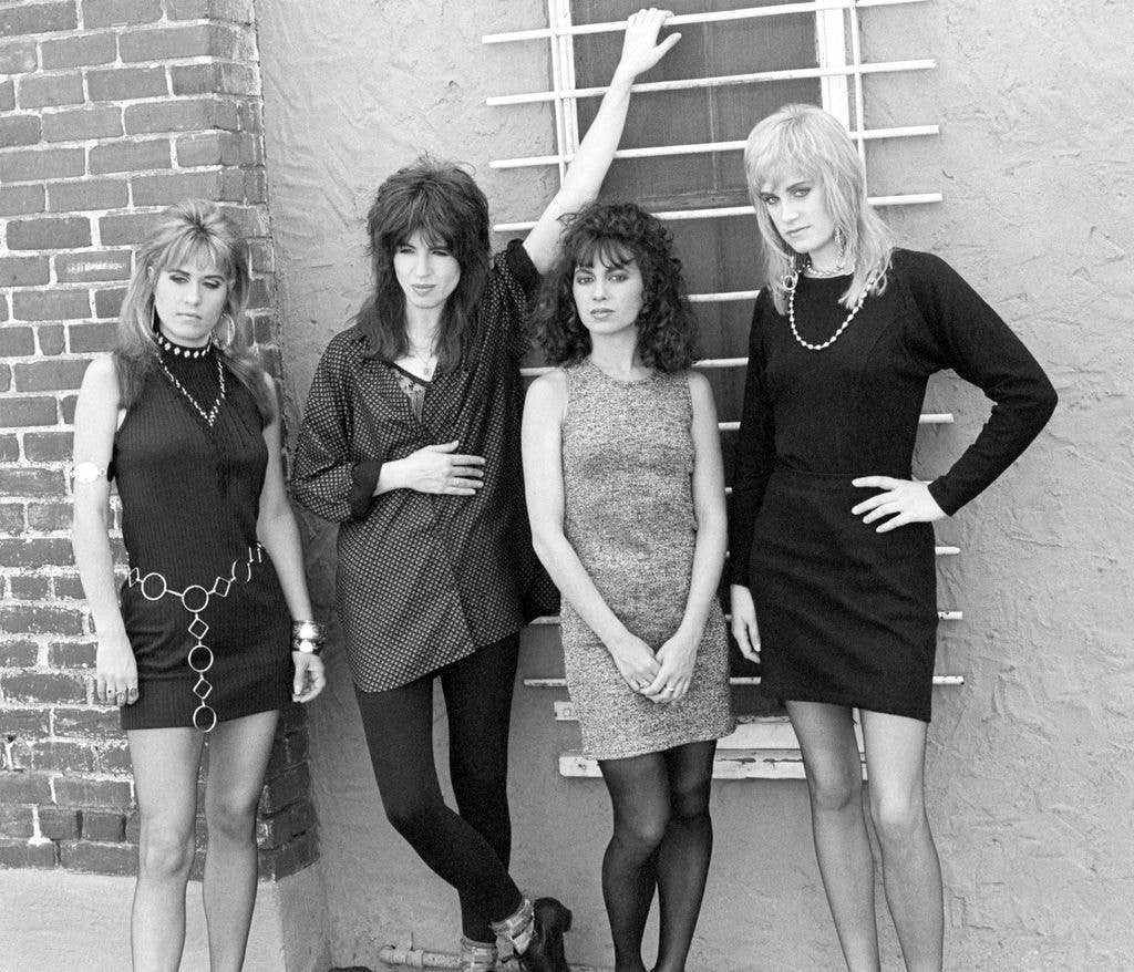 (L-R) American rock musician and songwriter Vicki Peterson, American bassist, guitarist, songwriter, and singer Michael Steele, American singer-songwriter Susanna Hoffs and American drummer Debbi Peterson, of the American pop rock band The Bangles, pose for a portrait circa 1985 in Los Angeles, California