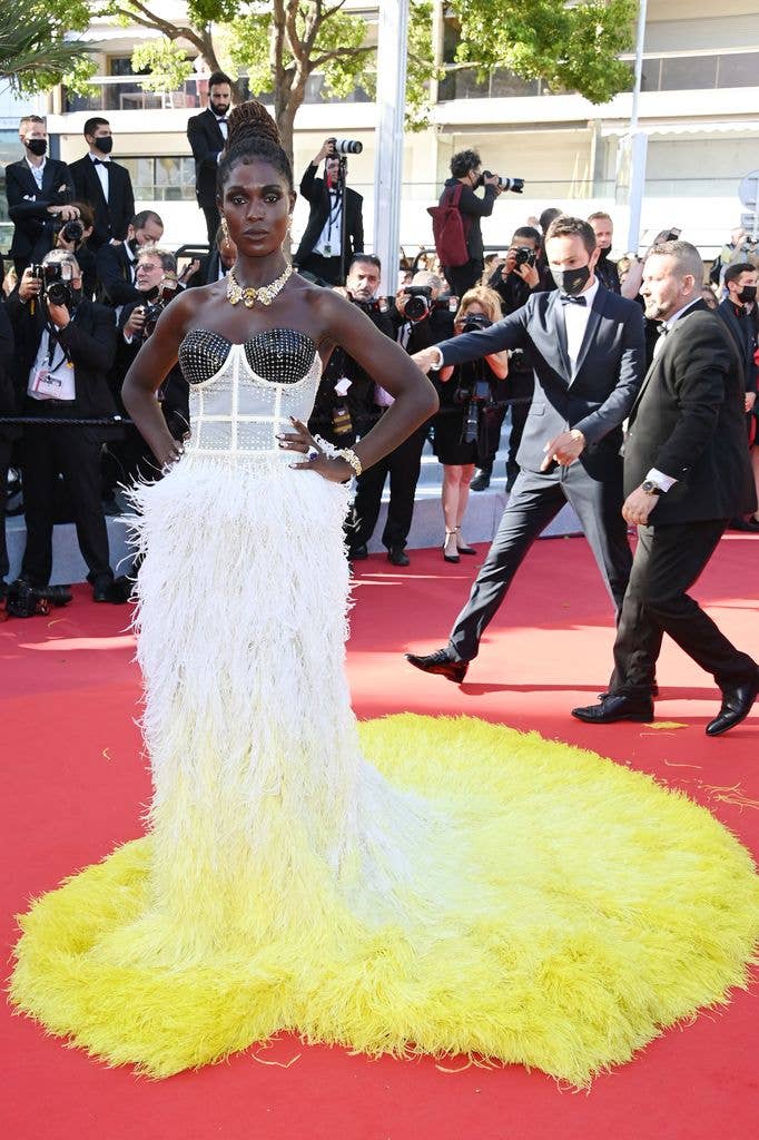 Jodie Turner-Smith in gucci feather dress during the 74th annual Cannes Film Festival 
