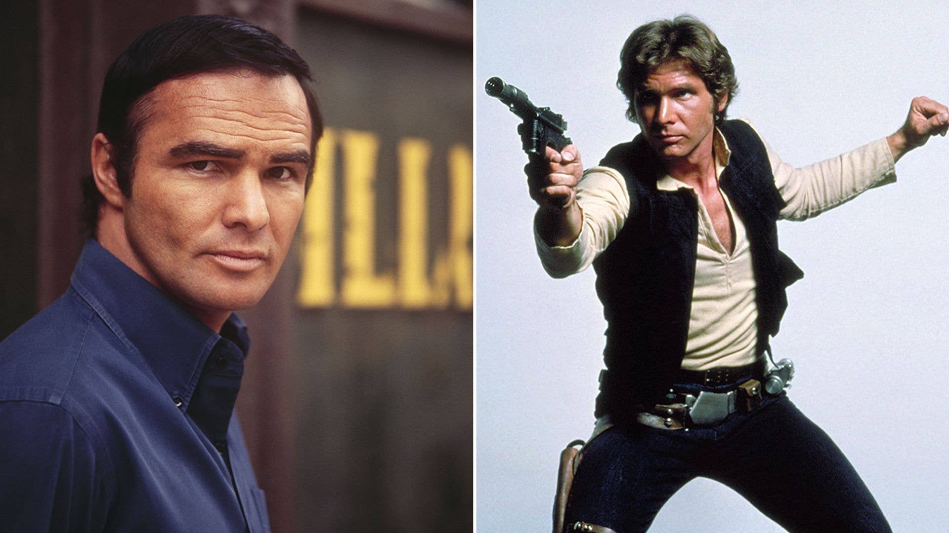 Split image of Burt Reynolds and Harrison Ford as Han Solo