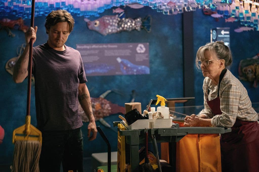 Lewis Pullman as Cameron and Sally Field as Tova in Remarkably Bright Creatures