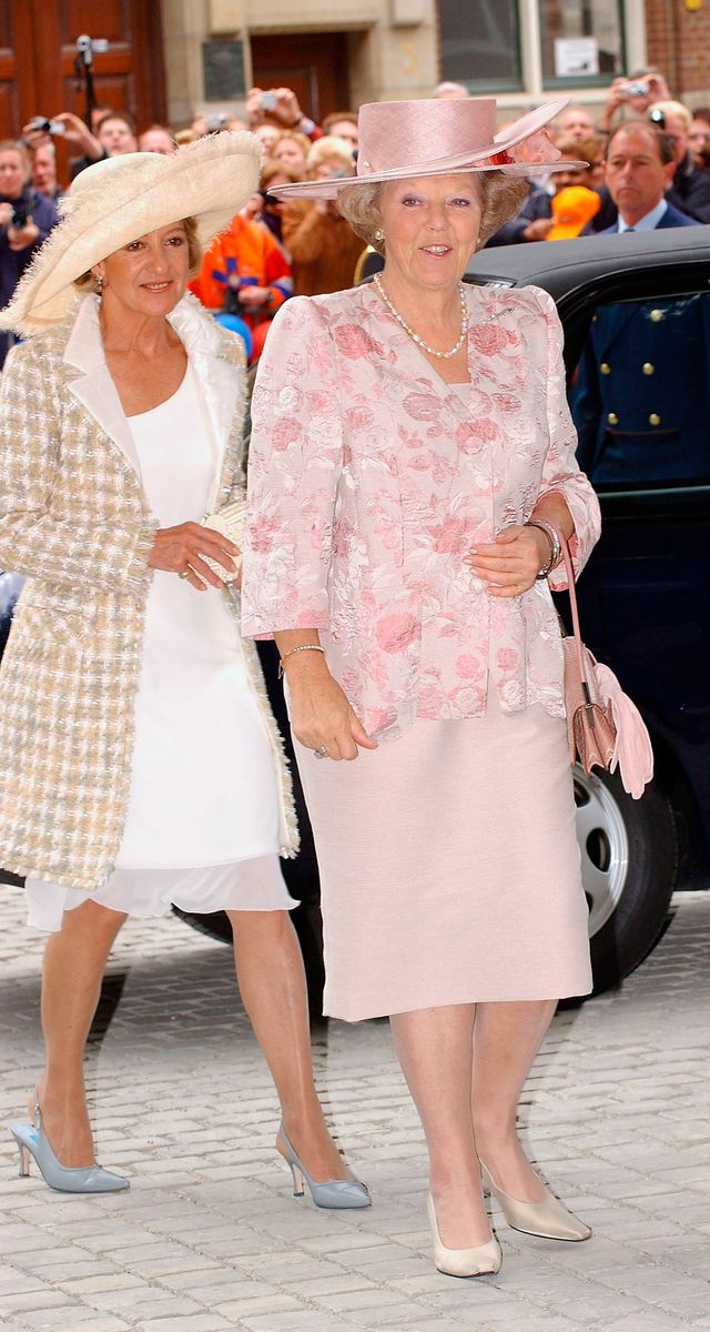 Maria Del Carmen Cerruti and Her Majesty Queen Beatrix arrive for the christening of baby girl Catharina-Amalia, daughter of Dutch Crown Prince Willem Alexander and Princess Maxima, on June 12, 2004, in The Hague.