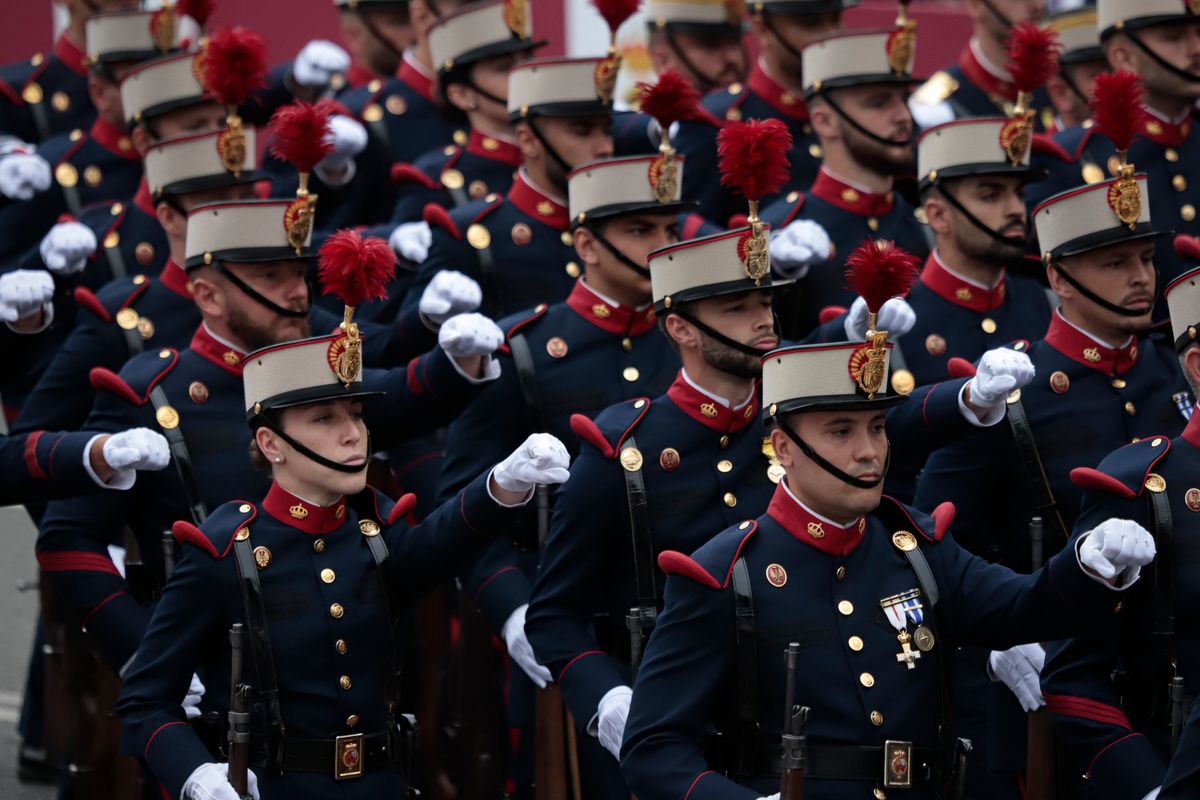 Military personnel parade during the central commemorative act of the Armed Forces Day, on 30 May, 2026 in Vigo, Pontevedra, Galicia, Spain.